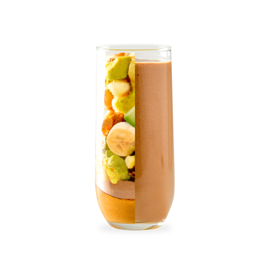 PACK'D Peanut butter and chocolate protein smoothie, glass showing half fruit and half smoothie